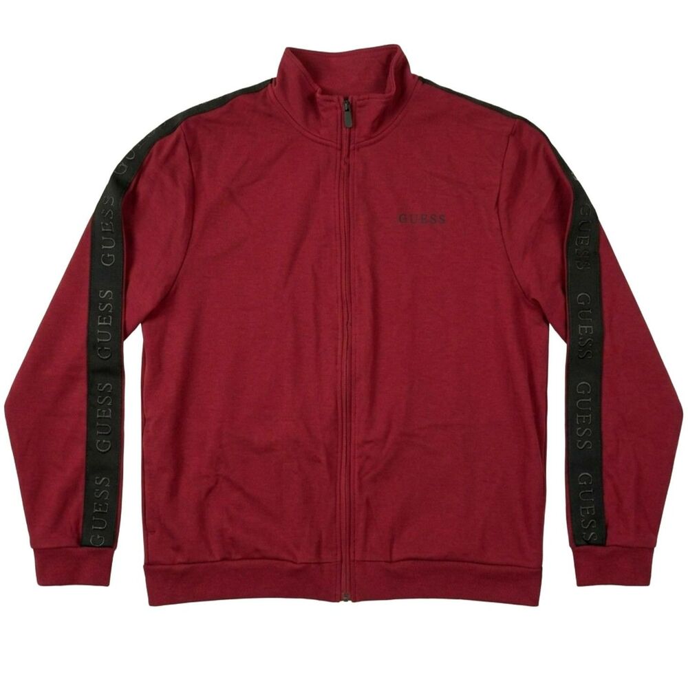 Guess Track Jacket Burgundy Sleeve Logo Zip Large Athleisure Sporty Chic Y2K